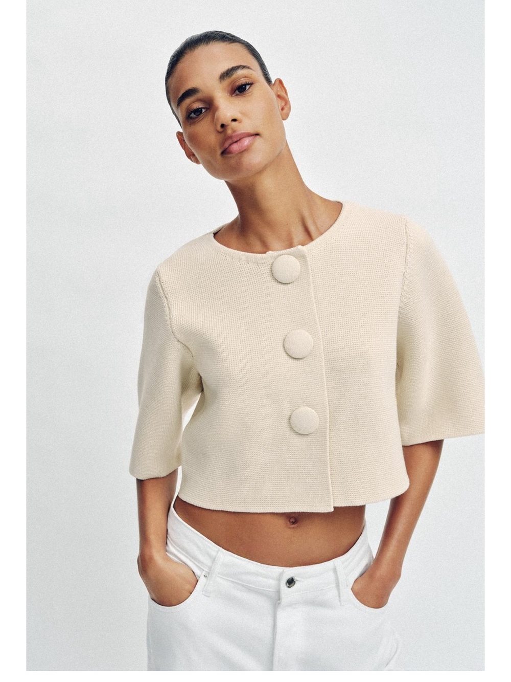 Zara Cream Cropped Knit Jacket with Oversized Buttons